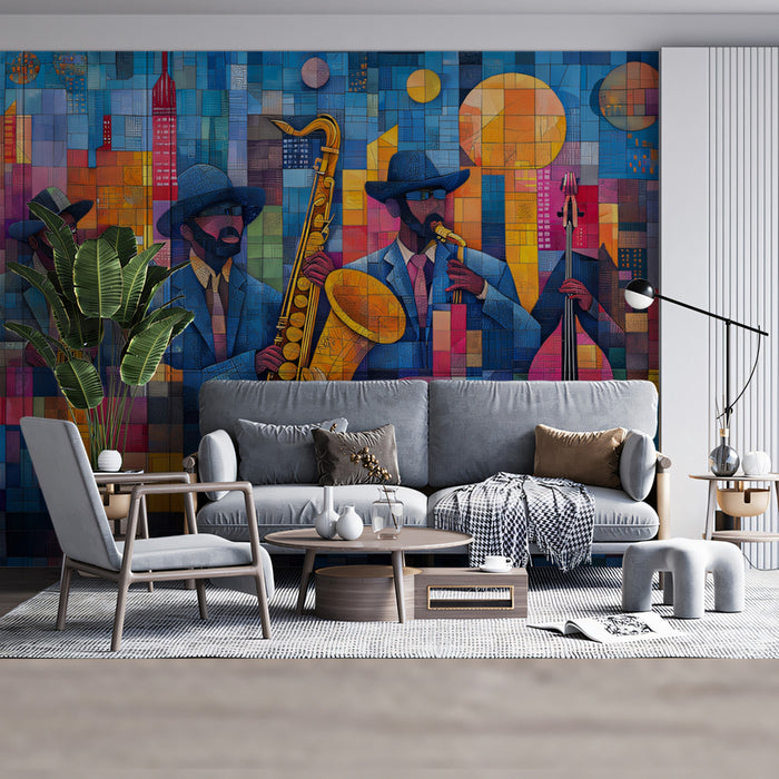 The mosaic jazz mural installed behind a modern home bar area, bringing a lively atmosphere to the space.
