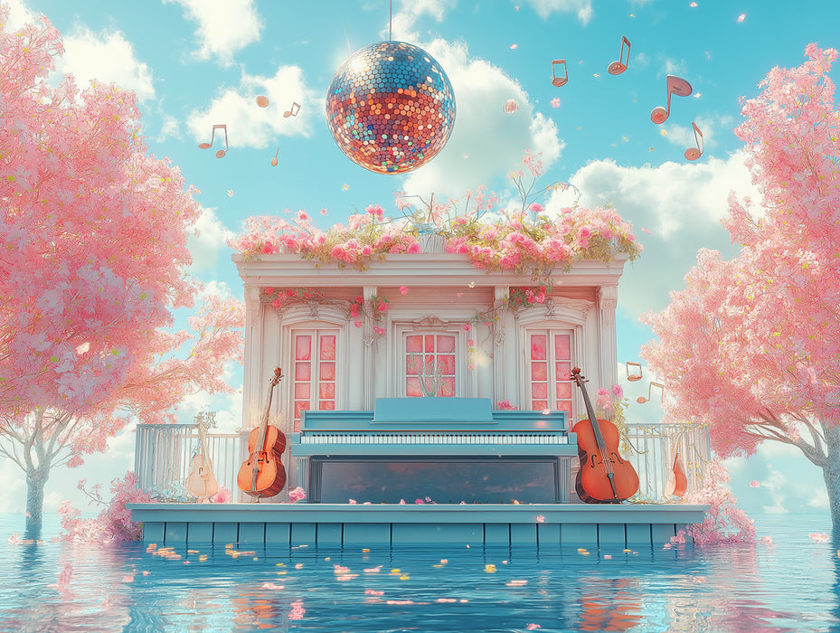Lakeside Music Venue Mural Wallpaper | Pastel Harmony by the Water