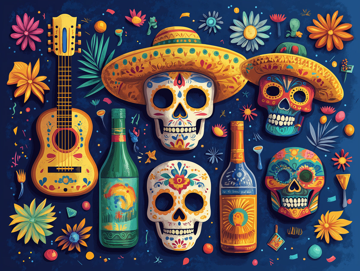 Festive Day of the Dead Illustration Mural Wallpaper | Whimsical Calavera Celebration