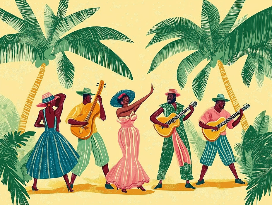 Carta da parati murale di danza tropicale | Vibrazioni retro caraibiche con palme e musicisti 
