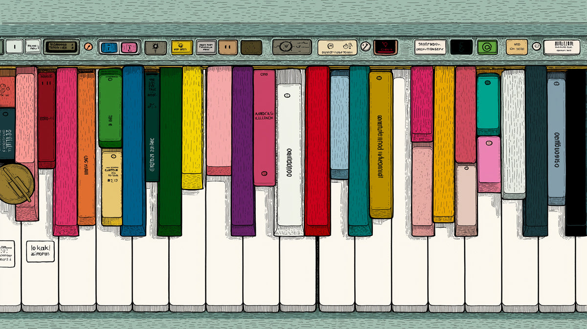 Papier peint mural clavier de piano illustré | Art musical coloré dessiné à la main