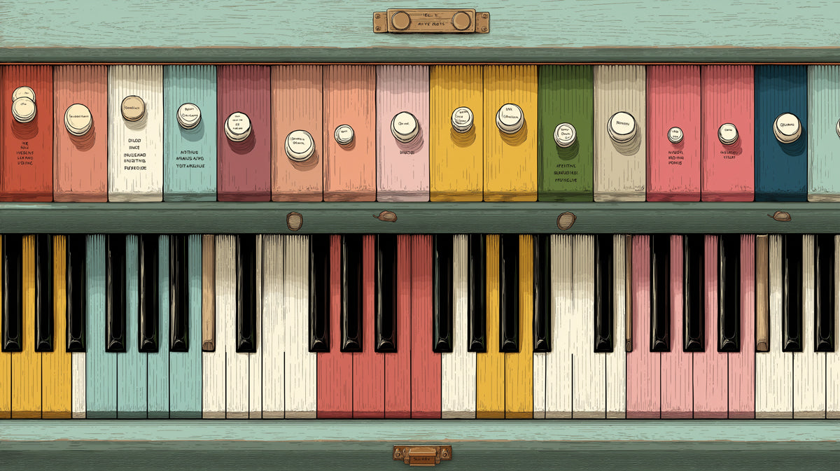 Hand-drawn vintage organ keys and colorful registration stops in soft retro pastel tones.