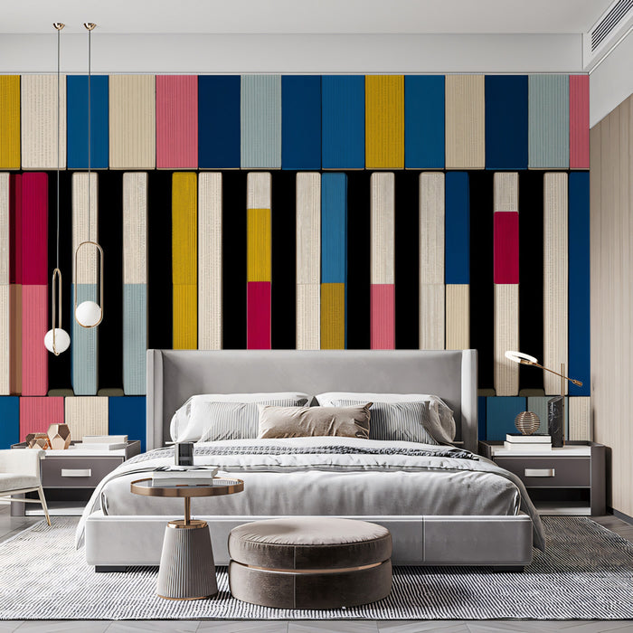 Modern living room interior with colorful musical key wallpaper behind a sofa