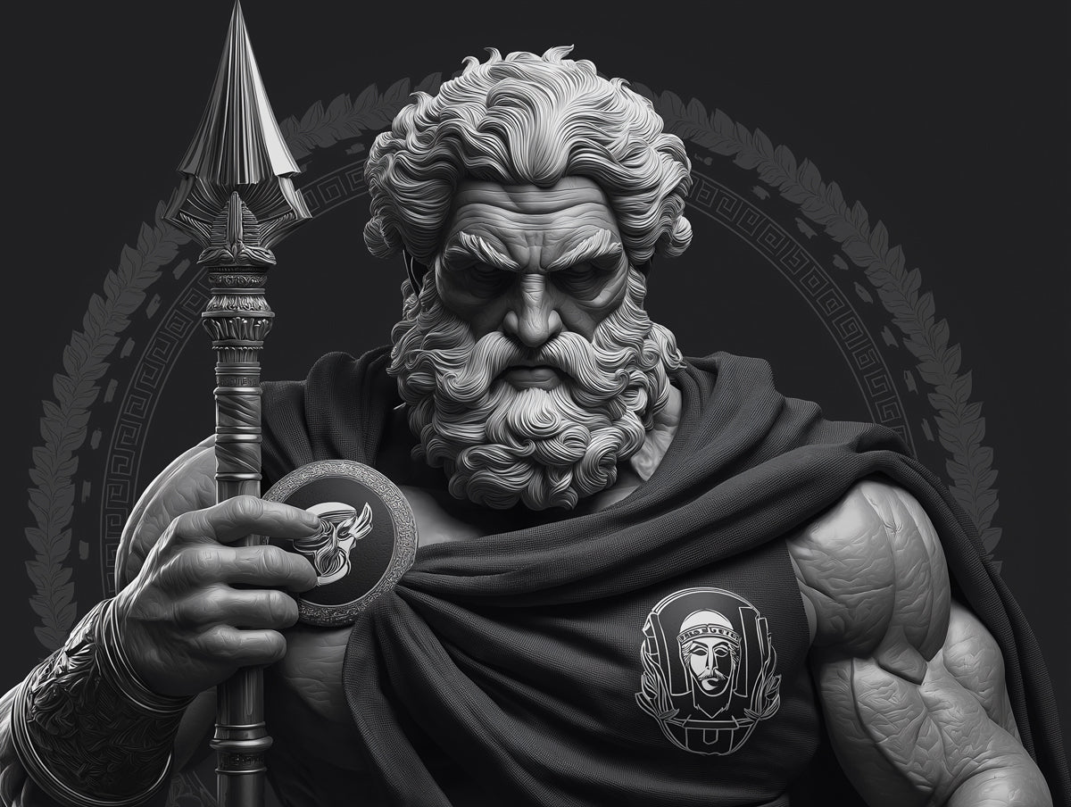 Greek God Mural Wallpaper | Monochrome Statue Warrior with Spear and Emblem