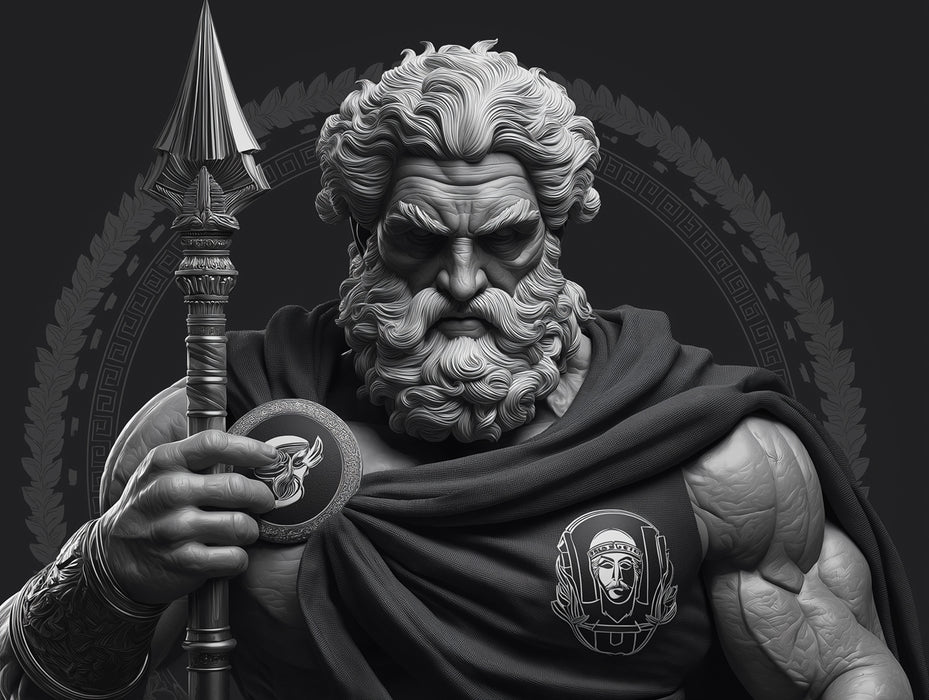Greek God Mural Wallpaper | Monochrome Statue Warrior with Spear and Emblem