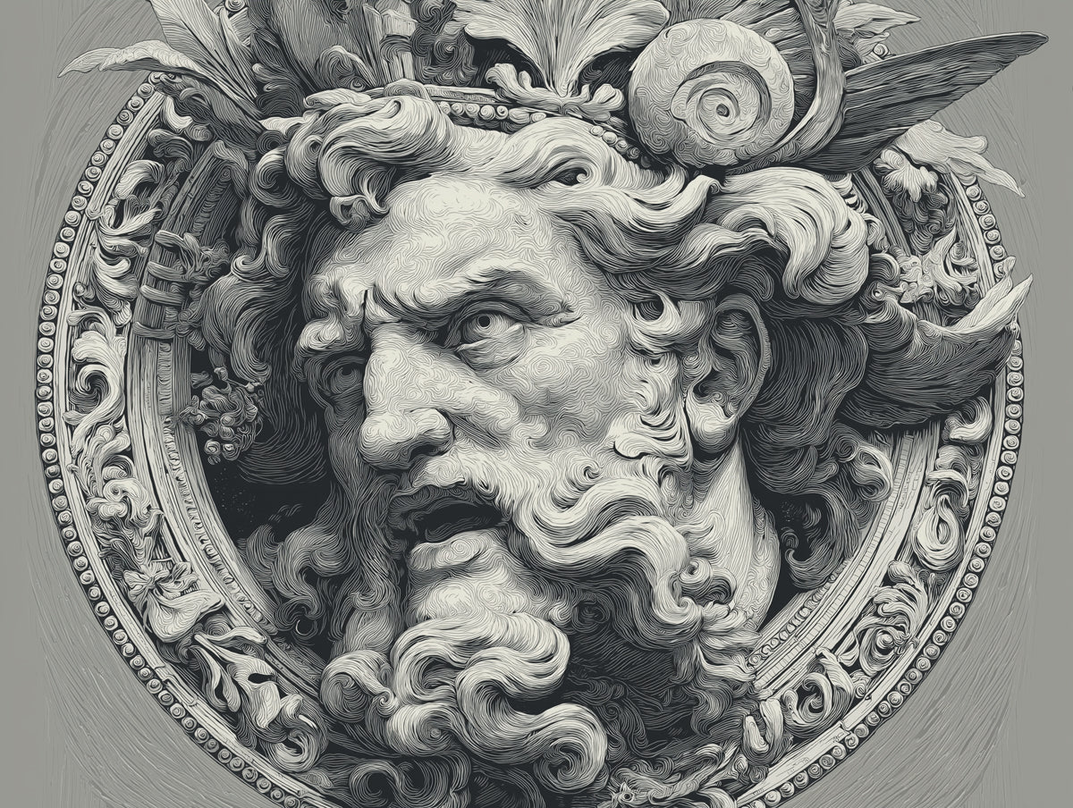 Barock-Gott-Relief-Maurerwatte | Mythologisches Haupt in Verzierter Rahmung