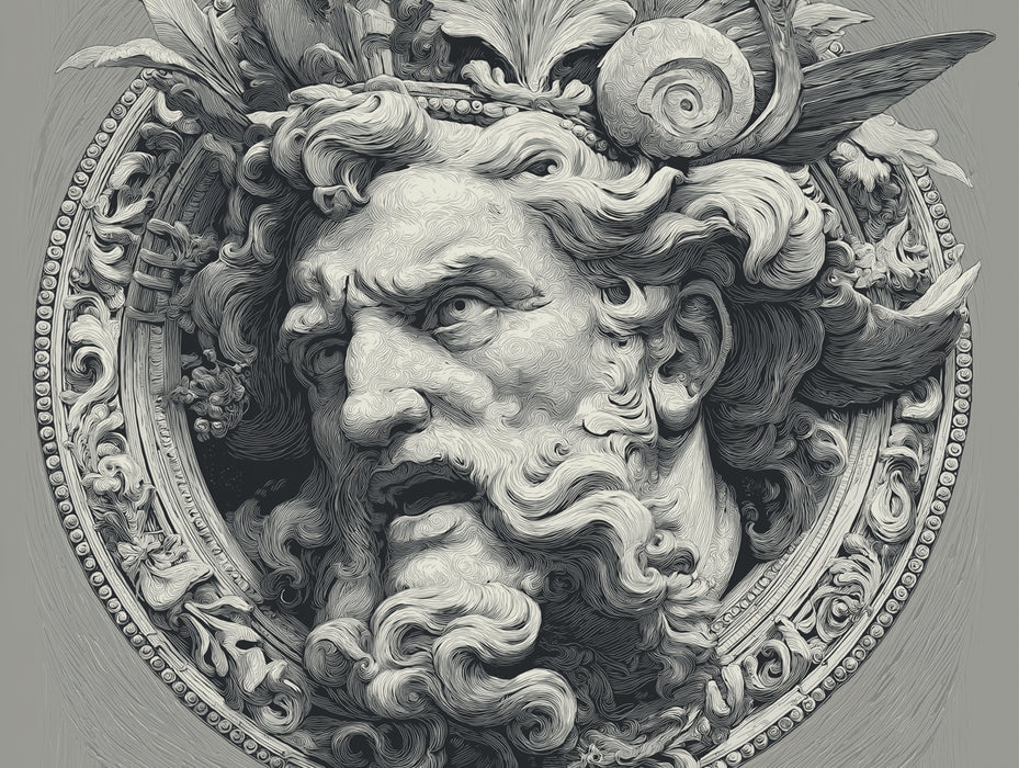 Barock-Gott-Relief-Maurerwatte | Mythologisches Haupt in Verzierter Rahmung