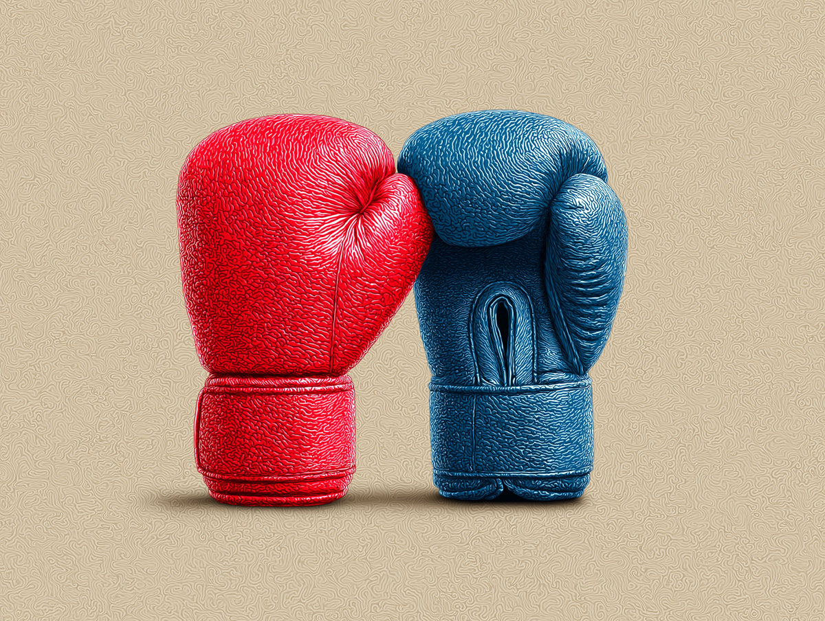 Realistic Boxing Gloves Mural Wallpaper | Red & Blue Texture Close-Up with Minimal Backdrop