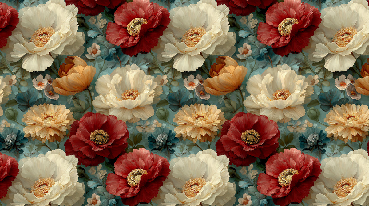 Opulent Peony Blossom Wallpaper | Crimson, Cream, and Teal