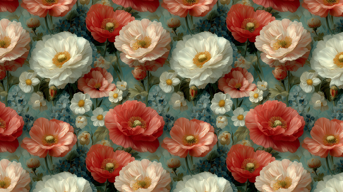Romantic Peony Field Wallpaper | Blush, Coral, and Sky Blue
