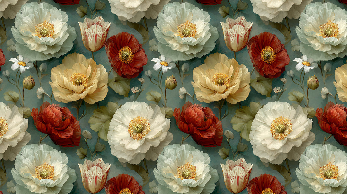 Papier peint mural Botanical Grandeur | Cramoisi, Or et Turquoise