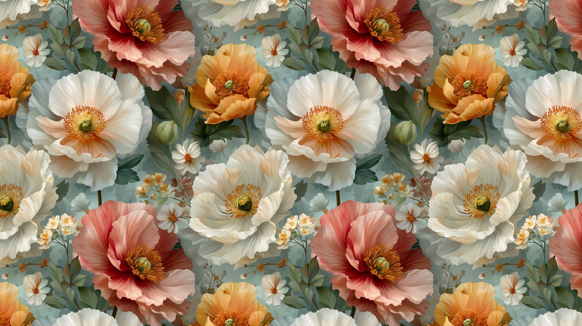Mural Wallpaper Soft Peony Delight | Pesca, Bianco e Blu Cielo