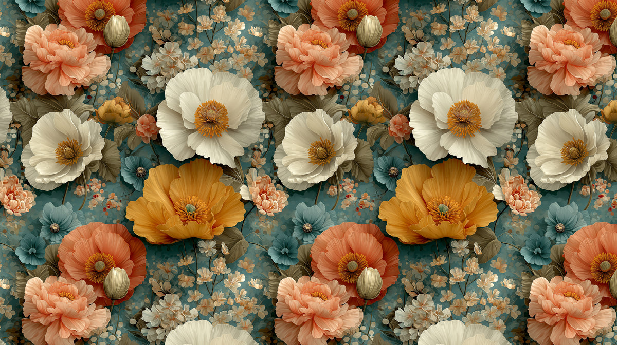 Lush Vintage Garden Mural Wallpaper | Peach, Gold, and Teal Blooms