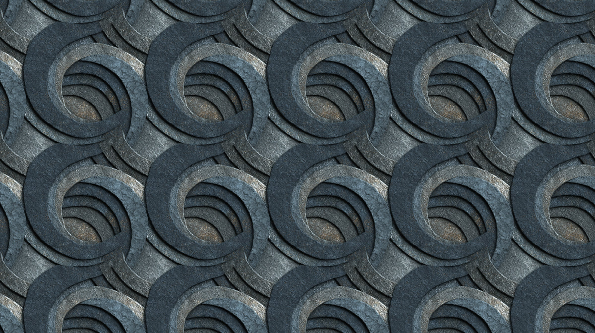 Papier peint mural avec gravure industrielle en spirale | Pierre sombre & Acier