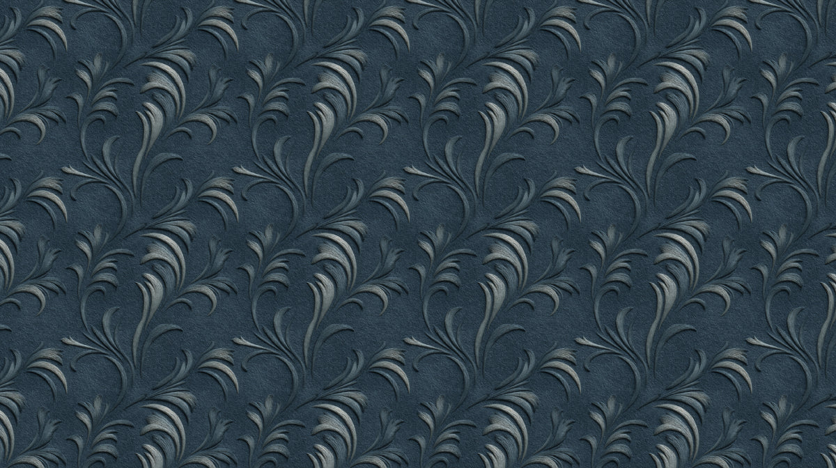 Papier peint mural Regal Damask Scroll | Bleu marine profond & gravure argentée