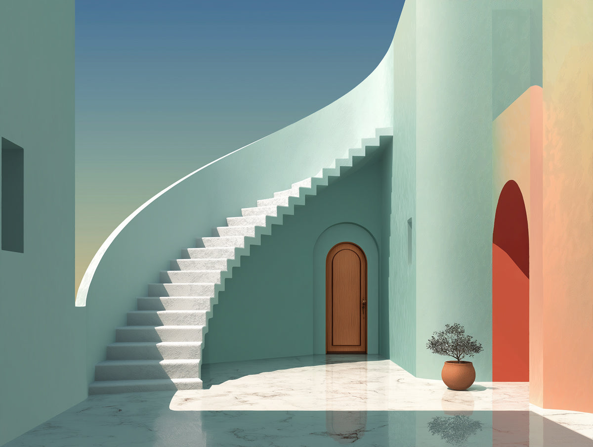Fresque Mural pour Grand Escalier Minimaliste | Aqua, Blanc et Arc Chaleureux