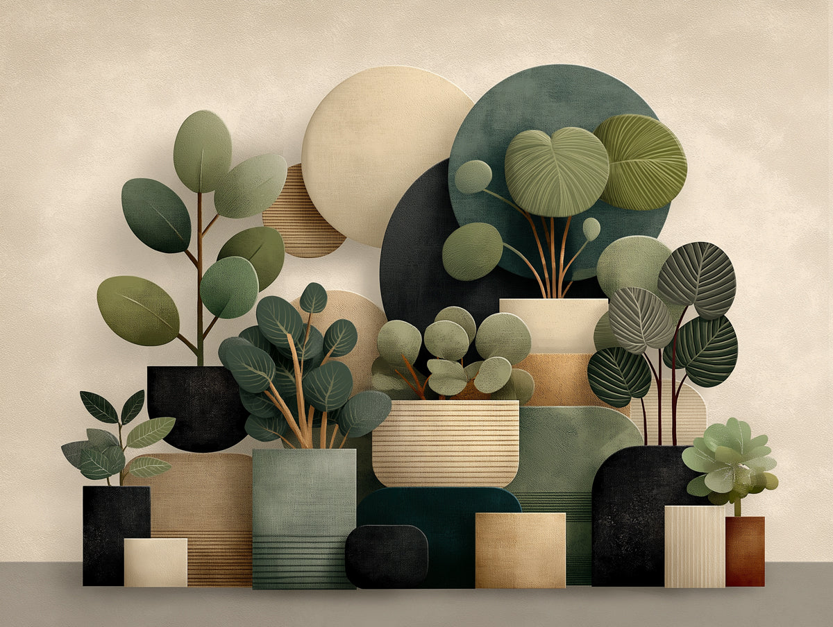Fond d'écran mural de plantes en pot abstrait | Verts terreux et neutres modernes
