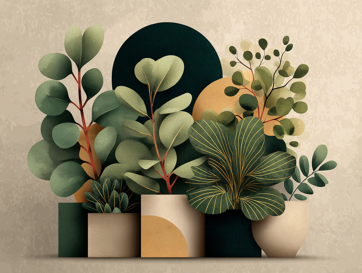 Artistic Leaf & Pot Arrangement Mural Wallpaper | Warm Greens & Golds