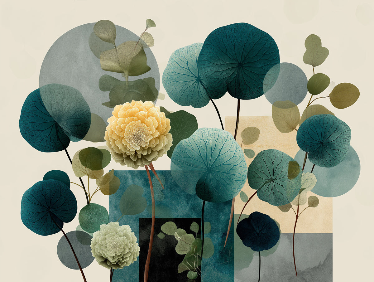 Mural abstracto con capas botánicas | Verde azulado, verde y dorado