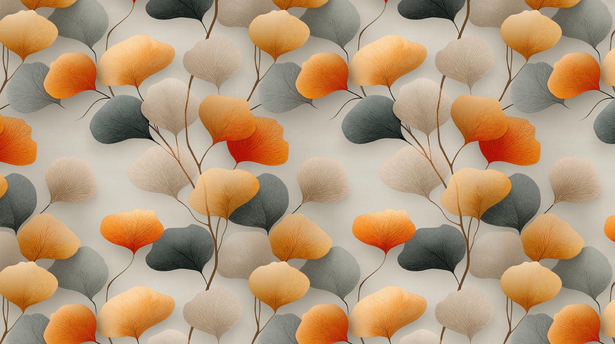 Ginkgo Cascade Harmony Mural Wallpaper | Orange, Gray, and Teal