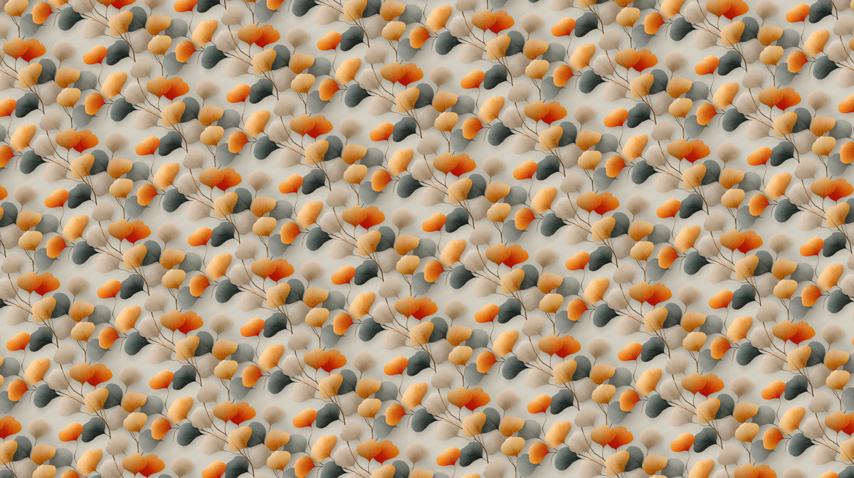 Sfondo Murale Discreto con Foglie di Ginkgo Sparpagliate | Arancione Sfumato, Grigio e Teal