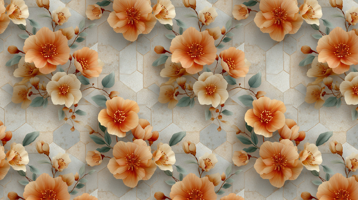 Soft Apricot Floral Mural Wallpaper | Geometric Tile & Botanical Charm