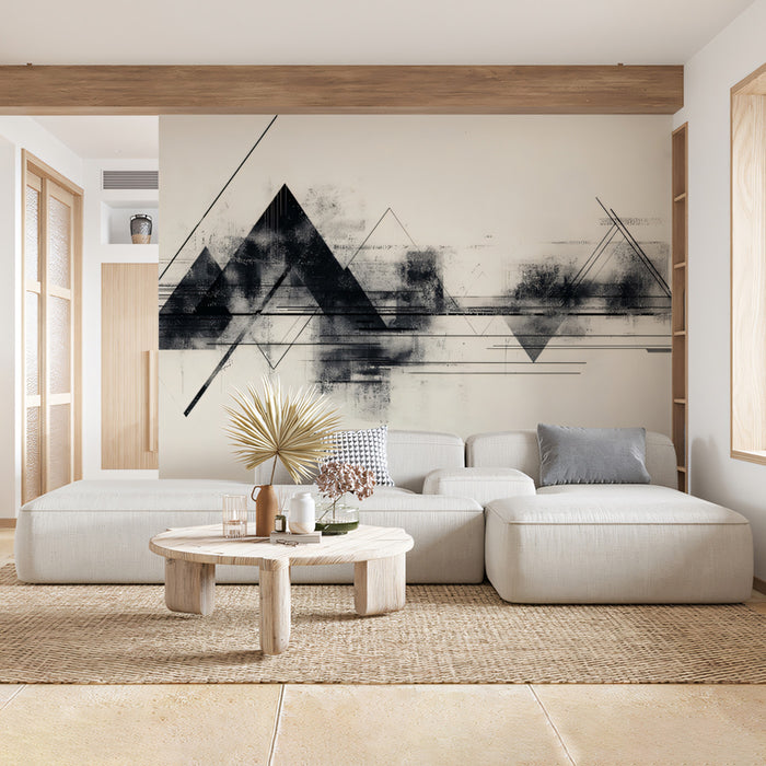 Abstract Geometric Mountains Mural Wallpaper | Minimalist Monochrome Landscape