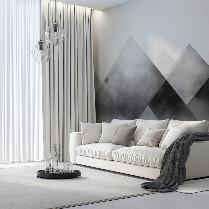 Abstract Misty Mountains Mural Wallpaper | Monochrome Geometric Landscape with Fog
