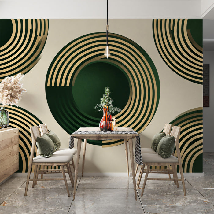 Abstract Golden & Green Circles Mural Wallpaper | Luxurious Geometric Pattern