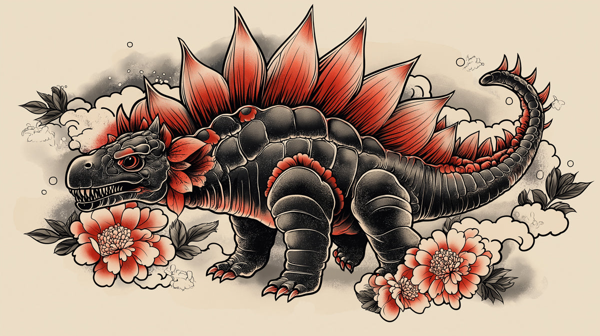 Dynamic Stegosaurus Tattoo Art Mural Wallpaper | Bold Reptile & Floral Design
