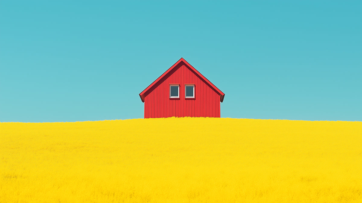 Murale di una Casa Rossa Minimalista in un Campo Giallo | Paesaggio Architettonico Vivace