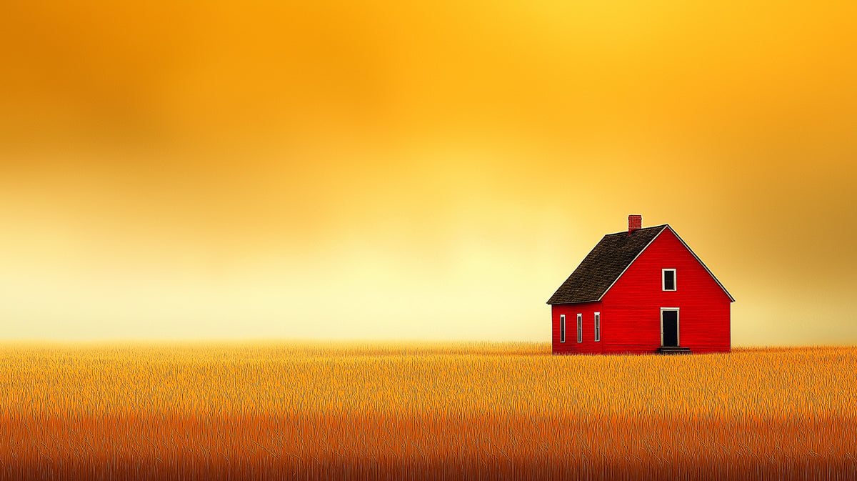 Serene Red House in Golden Field Mural Wallpaper | Tranquil Rural Landscape