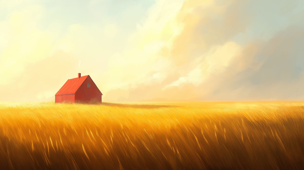 Dreamy Red House in Golden Field Mural Wallpaper | Ethereal Rural Landscape