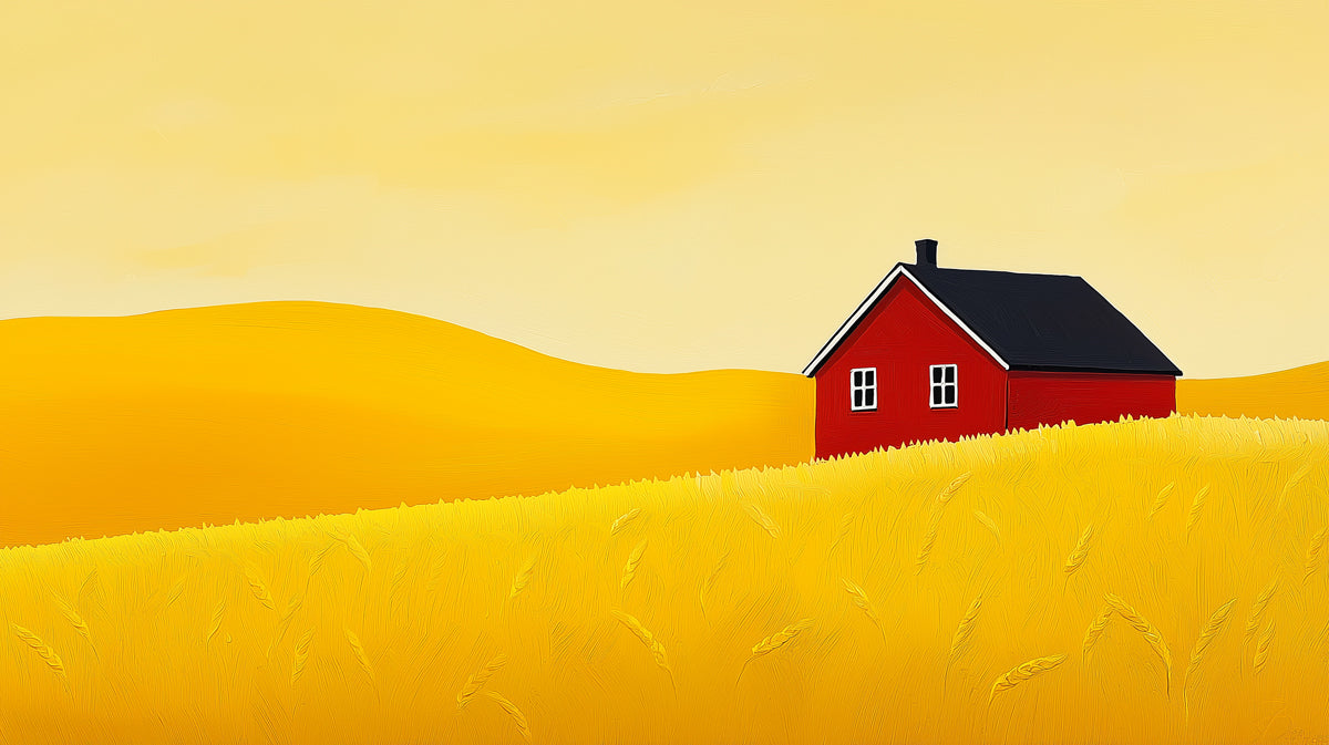 Stylized Red House in Golden Field Mural Wallpaper | Minimalist Rural Scene