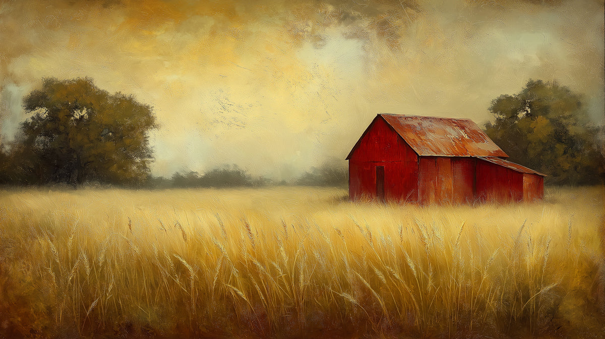 Rustic Red Barn in Golden Field Mural Wallpaper | Traditional Farmhouse Landscape Art