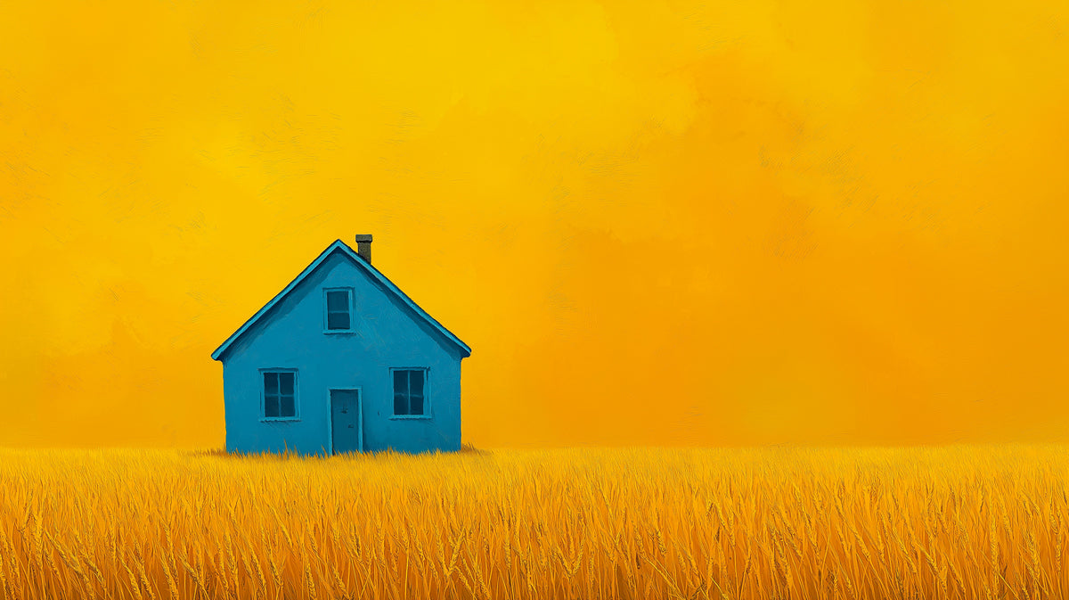 Minimalist Blue House in Yellow Field Mural Wallpaper | Vibrant Idyllic Landscape
