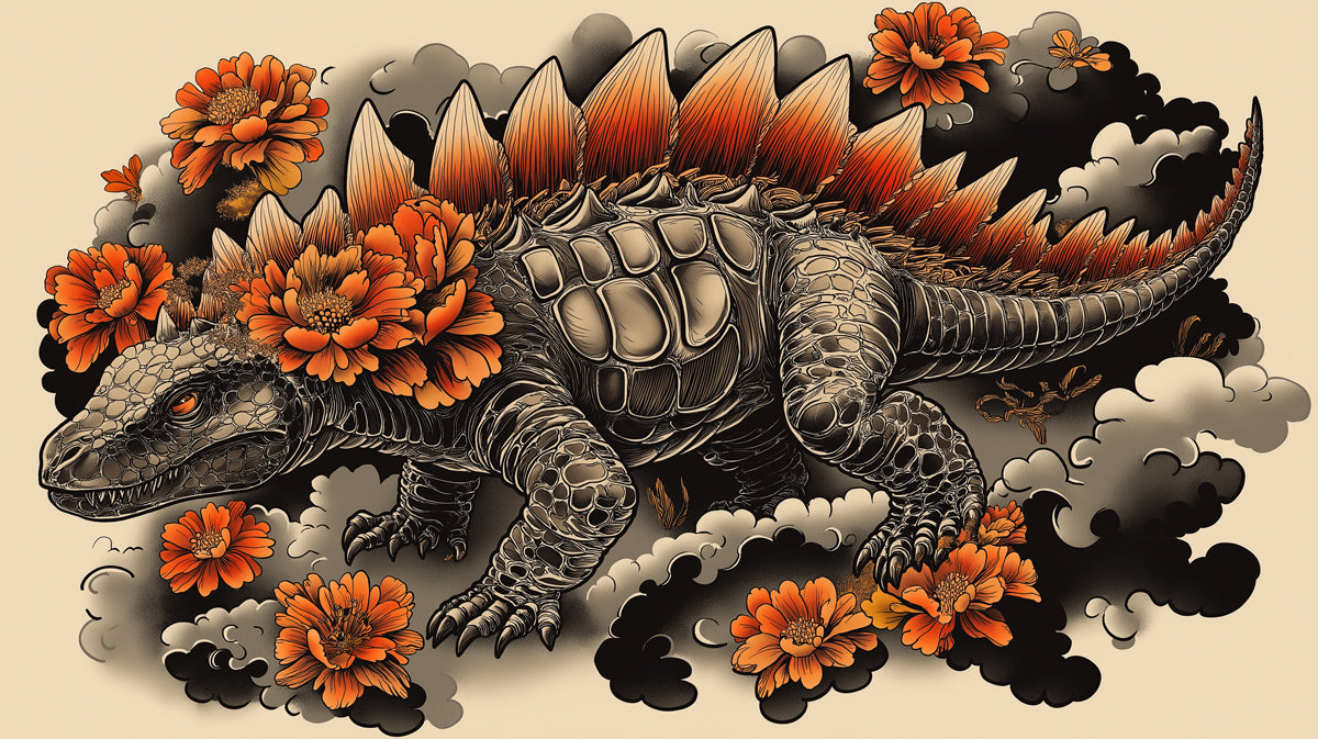 Dynamic Stegosaurus Tattoo Art Mural Wallpaper | Fierce Reptile & Floral Design