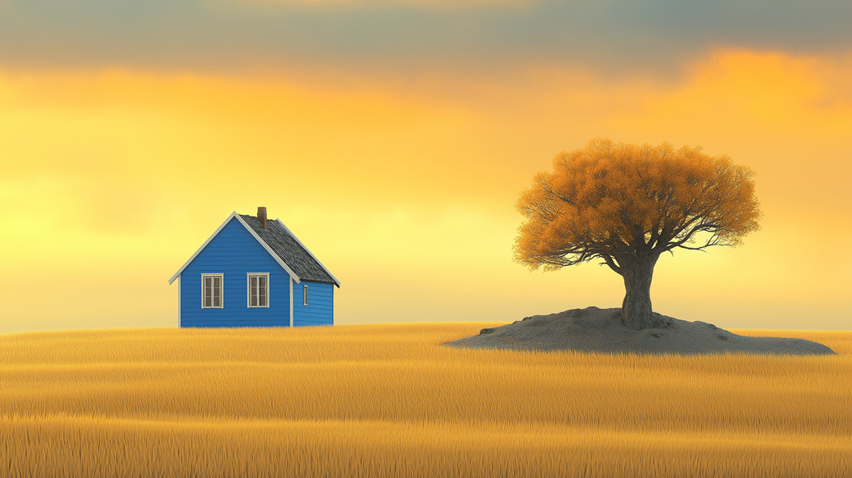 Carta da parati con murale di una casa blu e un albero autunnale | Paesaggio minimalista con campo dorato