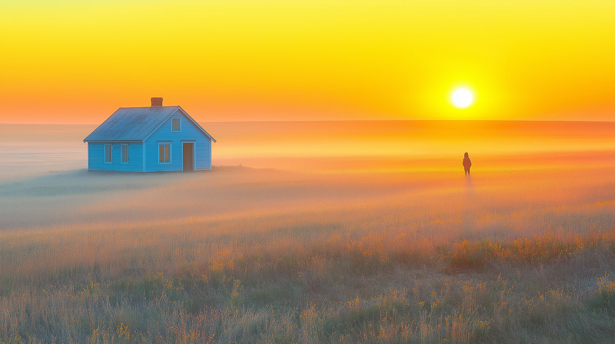 Murale con Casa e Figura Blu Etereo in Campo Nebbioso | Paesaggio al Tramonto Sognante