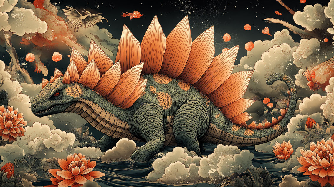 Dynamic Stegosaurus Sky Art Mural Wallpaper | Mythical Reptile & Floral Fantasy