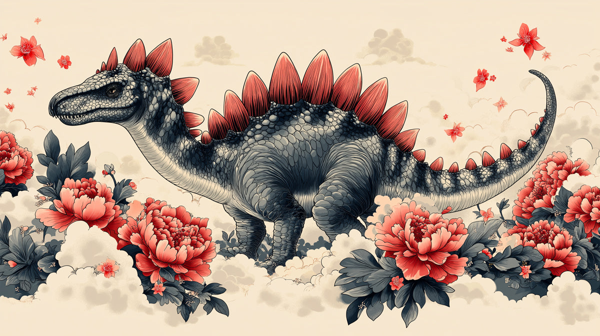 Graceful Stegosaurus Floral Art Mural Wallpaper | Serene Reptile & Bloom Fantasy