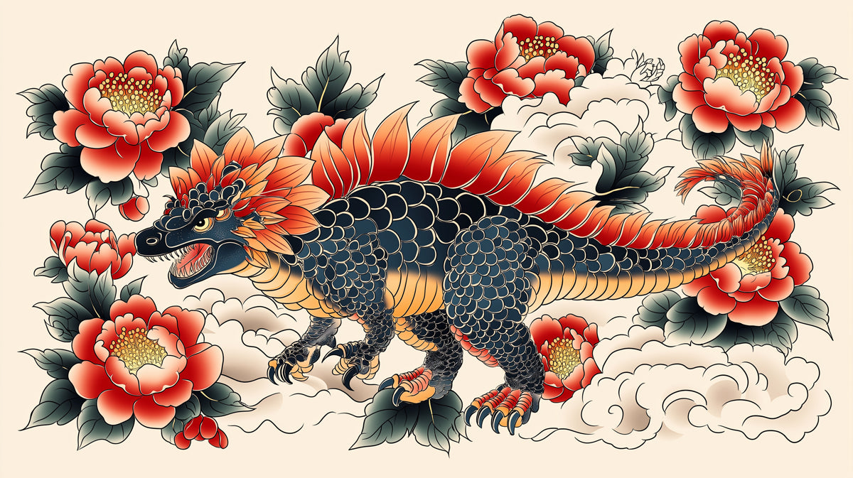 Tatuaggio Murale di Drago Dinosauro Maestoso | Design Feroce di Rettili e Fiori Orientali