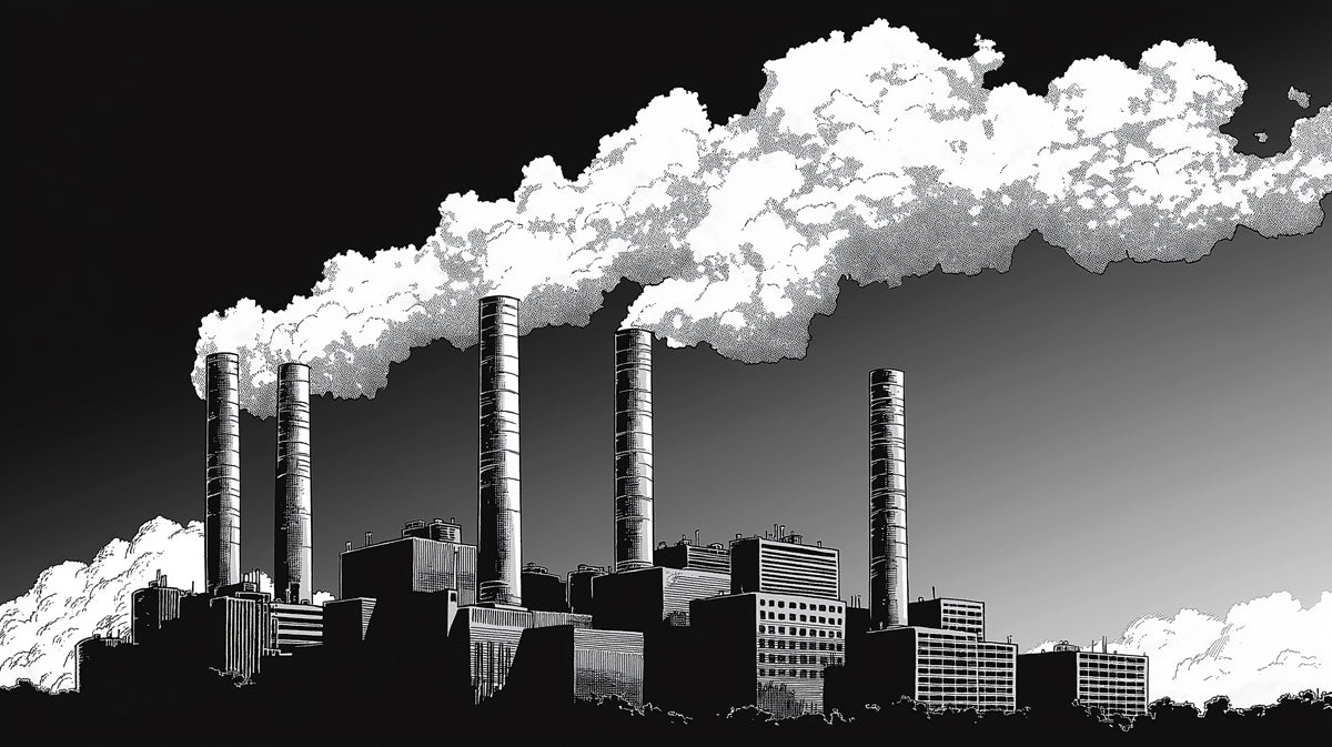 Papel tapiz mural de paisaje urbano industrial monocromático | Escena clásica de fábrica grabada