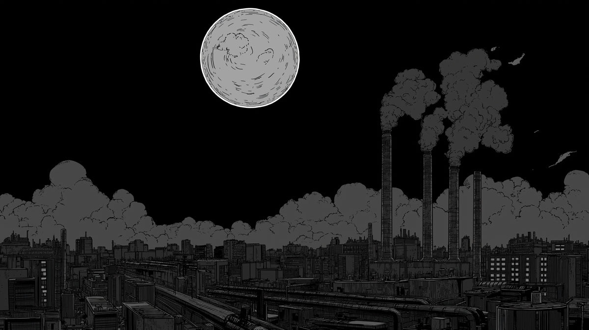 Monochrome City Night Sky Mural Wallpaper | Industrial Landscape with Lunar Glow
