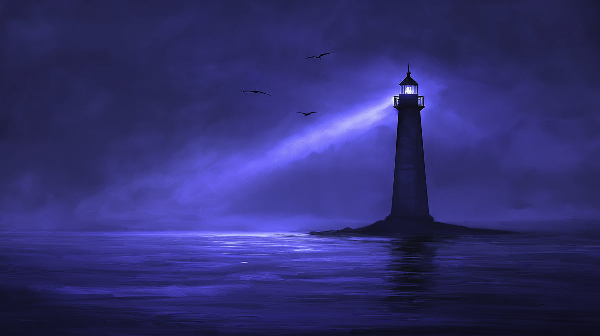 Mystical Lighthouse Night Mural Wallpaper | Ethereal Coastal Scene with Moon & Fog