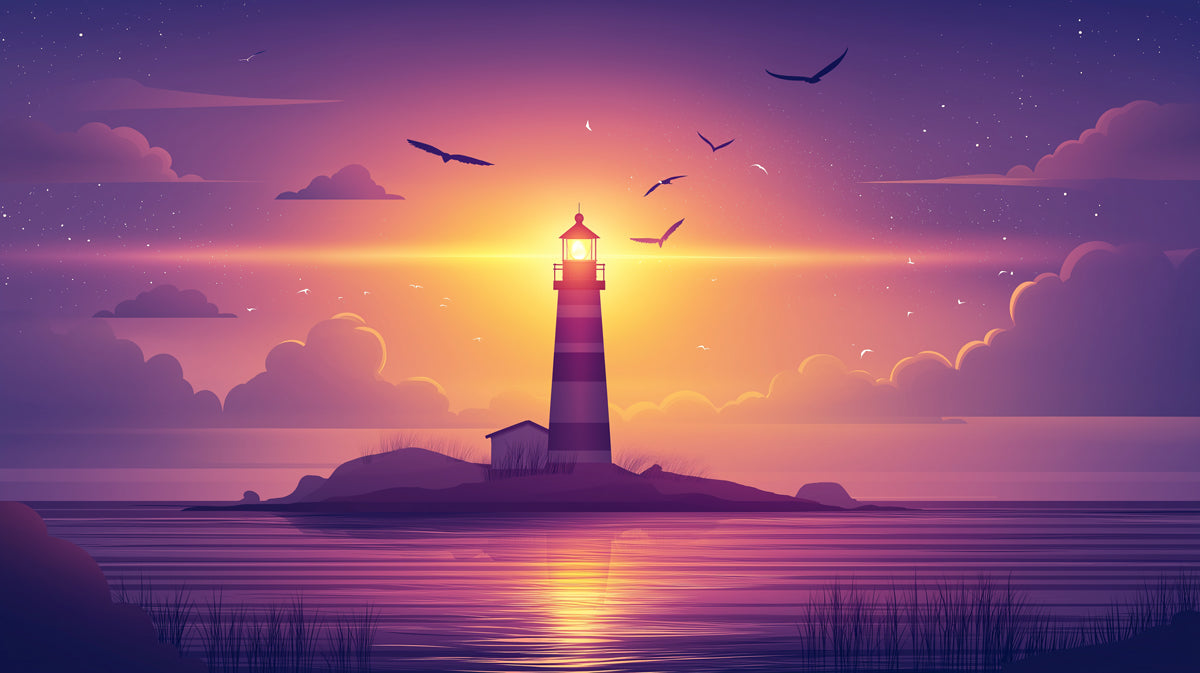 Majestic Lighthouse Sunset Mural Wallpaper | Vibrant Coastal Beacon Art