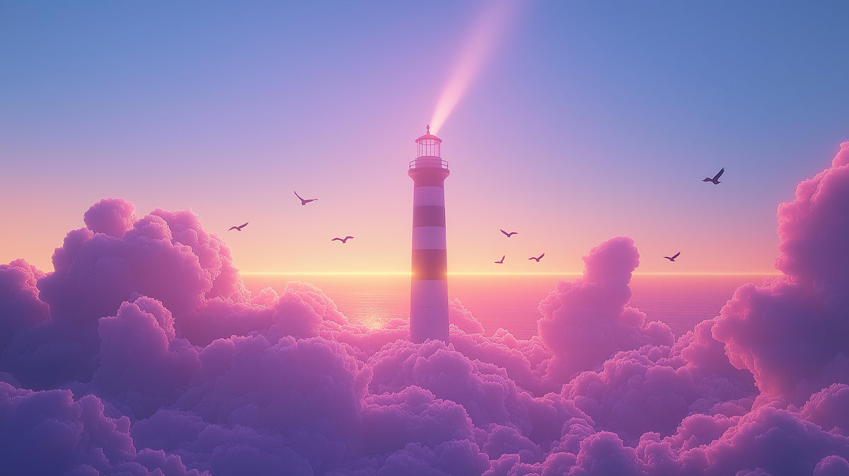 Lighthouse Above Clouds Mural Wallpaper | Ethereal Coastal Sunset Fantasy