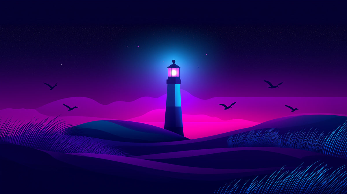 Neon Lighthouse Night Mural Wallpaper | Vibrant Coastal Beacon Art