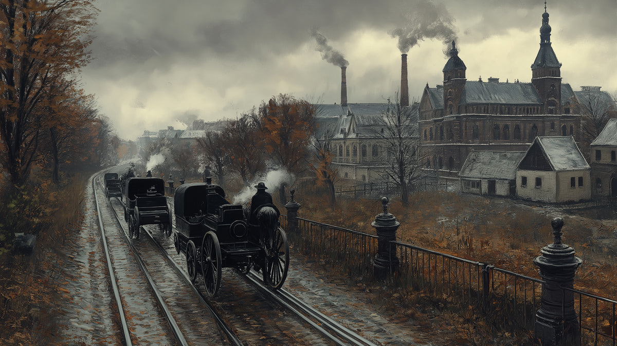 Vintage Industrial Train City Mural Wallpaper | Gritty Urban Landscape with Steam Locomotives