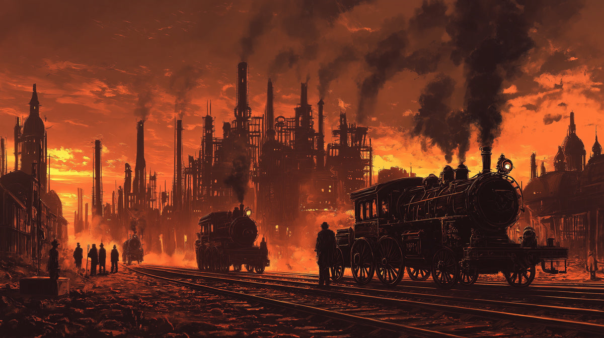 Murale di carta da parati con tramonto industriale infuocato | Spettacolare città ferroviaria con cielo rosso